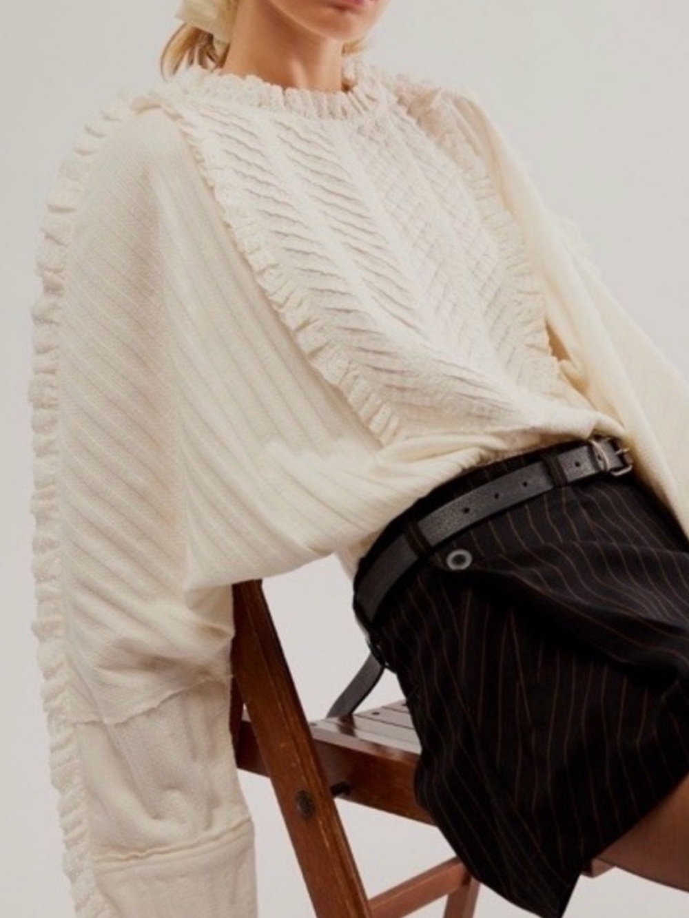 FREE PEOPLE More Romance Top in Ivory Cream Ruffle-Trim Knit Sweater Top XS